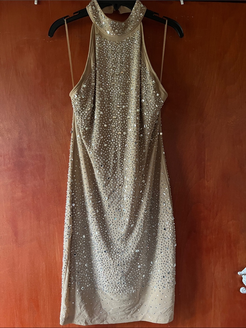 Embellished Halter Neck Evening Dress in Neutral Beige